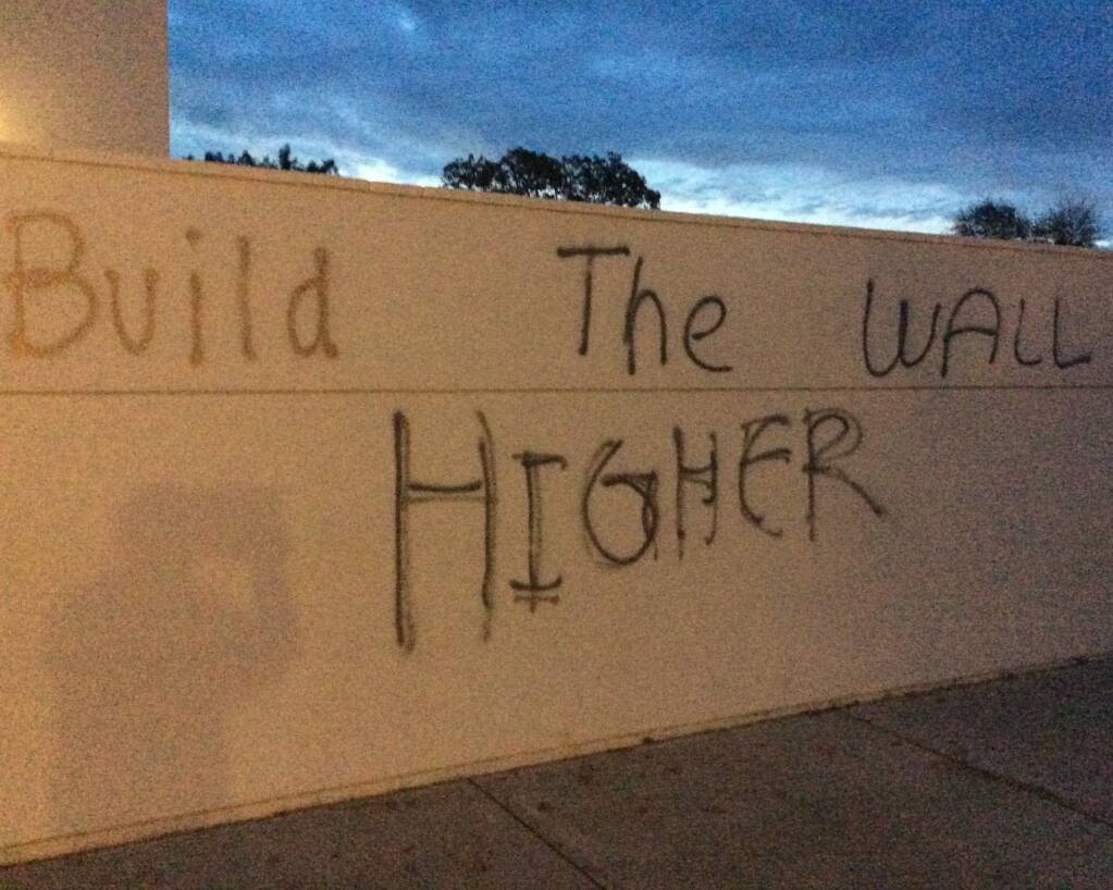 Vandals attacked Cali Calmecac Language Academy in Windsor leaving anti-immigrant graffiti on Monday, Oct. 24, 2016. (COURTESY OF JEANNE ACUNA)