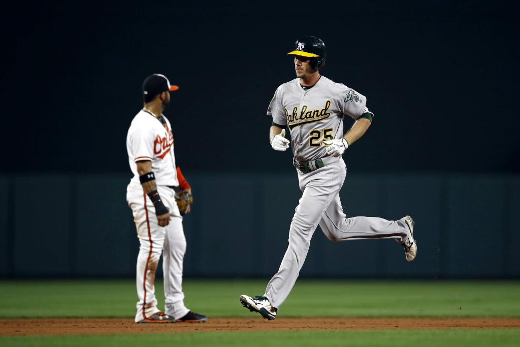 Oakland Athletics' Stephen Piscotty, right, rounds the bases on a solo home run past Baltimore Orioles shortstop Jonathan Villar in the second inning of a baseball game, Thursday, Sept. 13, 2018, in Baltimore. (AP Photo/Patrick Semansky)