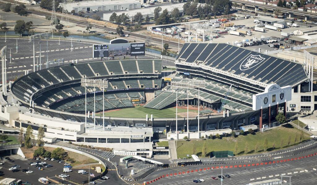 Oakland-Alameda County Coliseum, home of the Oakland Athletics and Oakland Raiders, is pictured on Thursday, Oct. 5, 2017. (AP Photo/Noah Berger)
