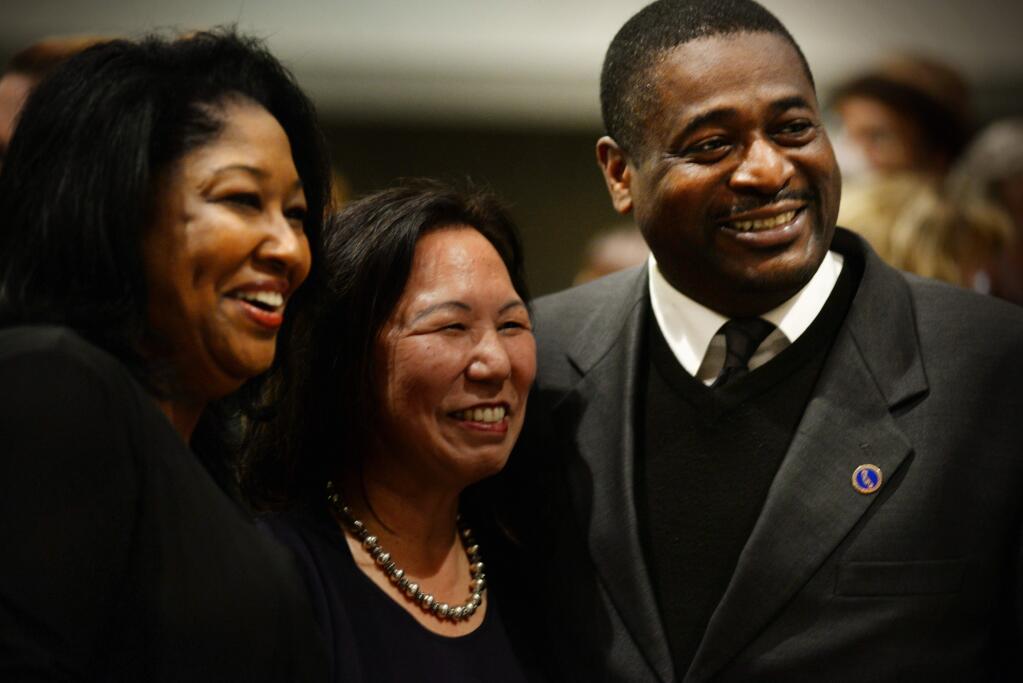 Incoming Sonoma State University President Judy K. Sakaki, center, with Lorez Bailey, left, and Andre Bailey during Fiesta! a benefit for the Elsie Allen High School Foundation held Saturday evening at the Friedman Event Center in Santa Rosa. March 5, 2016. (Photo: Erik Castro/for The Press Democrat)