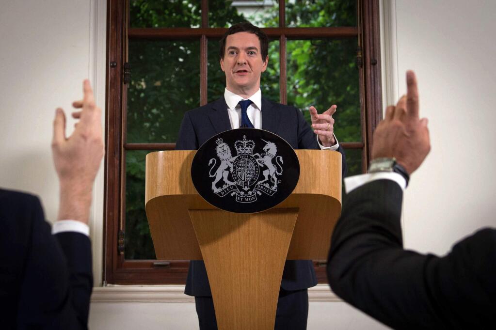 British Chancellor of the Exchequer George Osborne speaks during a news conference at The Treasury in London, Monday, June 27, 2016. Treasury chief Osborne sought to calm nerves in the markets Monday, as investors worried about the consequences of Britain leaving the European Union. In his first public appearance since the vote to leave the bloc Thursday, Osborne tried to reassure markets shaken by the result. (Stefan Rousseau/Pool Photo via AP)