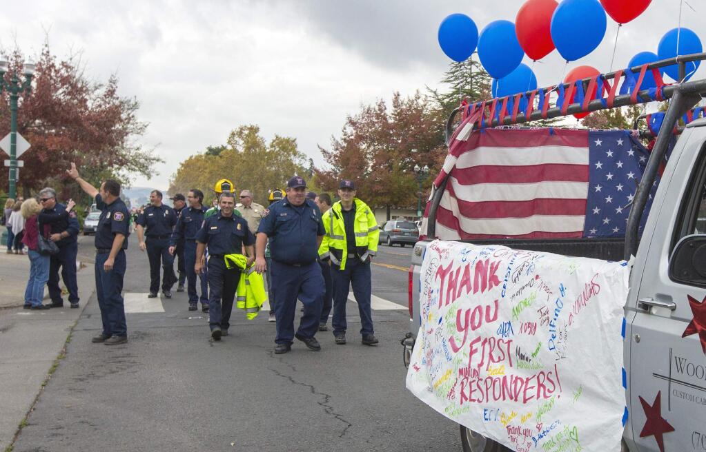 Sonoma Valley High School's 2017 Homecoming float parade made its way to the Plaza for a rally on Friday, Nov. 3. A 'thank you' to first responders was included and local firefighters took part in the festive trek down Broadway. (Photo by Robbi Pengelly/Index-Tribune)