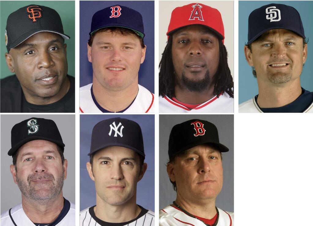 FILE - Top row from left are file photos showing San Francisco Giants' Barry Bonds in 2017; Boston Red Sox' Roger Clemens in 1987; Los Angeles Angels' Vladimir Guerrero in 2009 and San Diego Padres' Trevor Hoffman in 2008. Bottom row from left are Seattle Mariners' Edgar Martinez in 2017; New York Yankees' Mike Mussina in 2008 and Boston Red Sox' Curt Schilling in 2008. Trevor Hoffman, who fell five votes short last year on the Baseball Writers' Association of America ballot for baseball's Hall of Fame, heads holdovers that include Vladimir Guerrero, Edgar Martinez, Roger Clemens, Barry Bonds, Mike Mussina and Curt Schilling. (AP Photo/File)