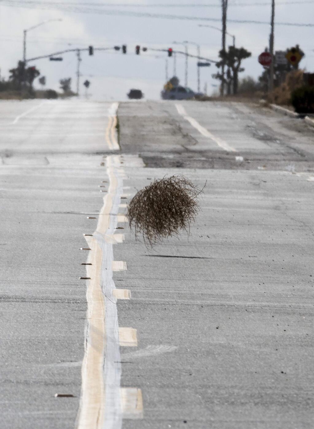 A tumbleweed blows across Eucalyptus Road in Victorville, Calif., Monday, April 16, 2018. The southwest corner of the city was pounded with the weeds as high winds persisted throughout the day. (James Quigg/The Daily Press via AP)