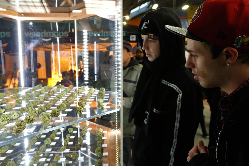 Brad Adams, right, and Dillon Rea of Santa Rosa gaze into a case displaying all the 2015 cannabis entries for the Emerald Cup outdoor cannabis competition at the Sonoma County Fairgrounds in Santa Rosa, California on Sunday, December 13, 2015. (Alvin Jornada / The Press Democrat)