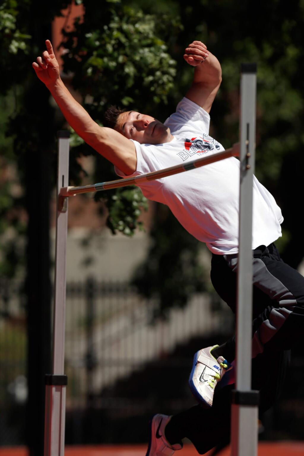 SRJC decathlete Kasey Mancini takes a turn at the high jump during track and field practice at Santa Rosa Junior College in Santa Rosa, California on Wednesday, April 27, 2016. (Alvin Jornada / The Press Democrat)