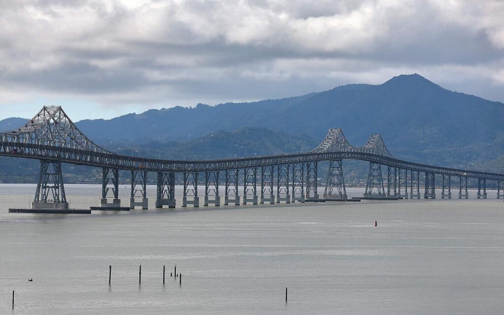 The Richmond-San Rafael Bridge, seen from Richmond, on Monday, February 11, 2019. The permanent repair work to replace the expansion joint on the bridge has been delayed because of predicted rain storms this week.(Christopher Chung/ The Press Democrat)