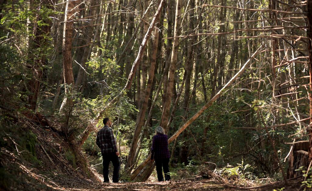 Sister Julie De Rossi of the Starcross Monastic Community walks with Kyle Pinjuv of Sonoma Land Trust, Friday, April 12, 2019. Sonoma Land Trust has reached a deal to permanently protect the Starcross property near Annapolis. (Kent Porter / Press Democrat) 2019