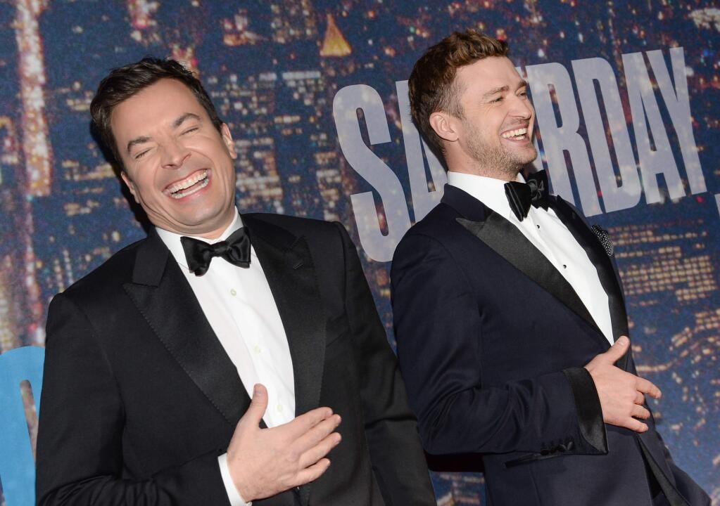 Jimmy Fallon, left, and Justin Timberlake attend the SNL 40th Anniversary Special at Rockefeller Plaza on Sunday, Feb. 15, 2015, in New York. (Photo by Evan Agostini/Invision/AP)