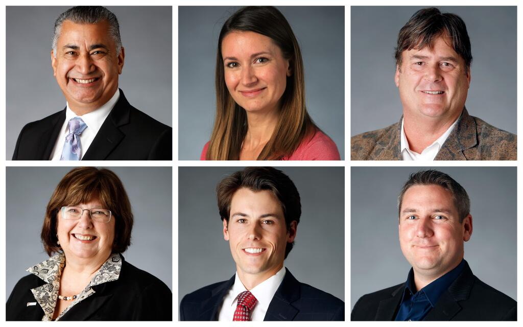 Six candidates are running for four seats on the Santa Rosa City Council in the November 2016 election. Clockwise, from upper left: Ernesto Olivares, Brandi Asker, Don Taylor, Chris Rogers, Jack Tibbetts and Julie Combs. ( PRESS DEMOCRAT )