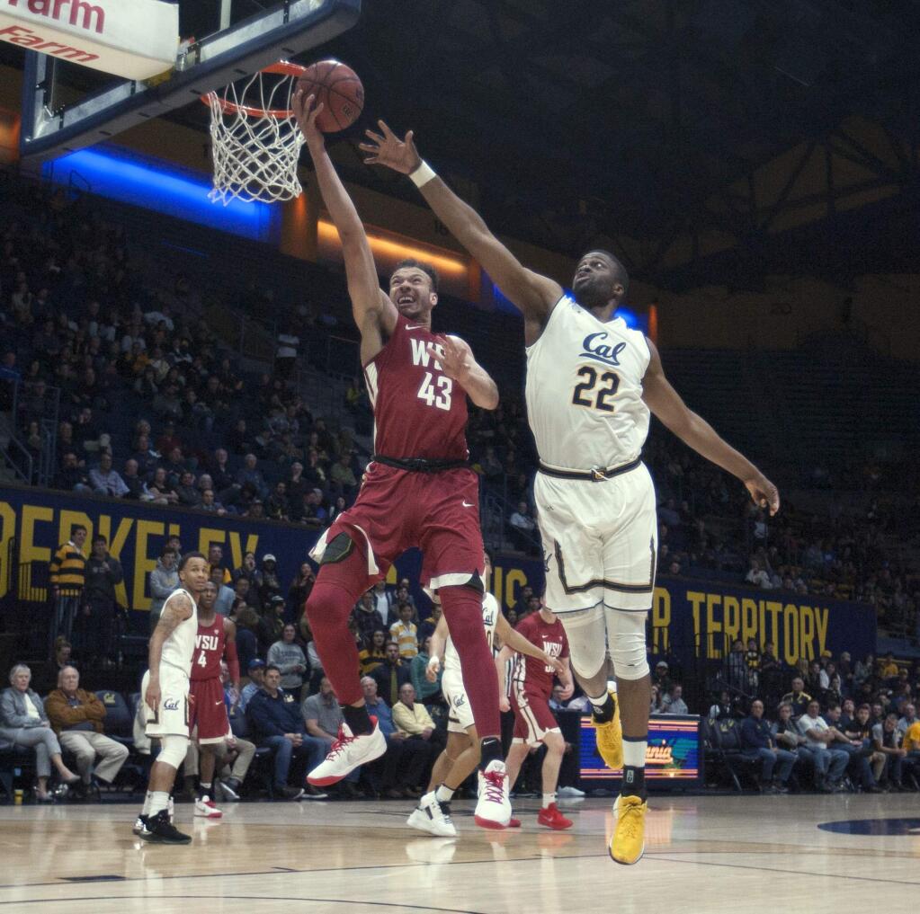 Washington State's Drick Bernstine (43) drives to the basket ahead of California's Kingsley Okoroh (22) during the first half of an NCAA college basketball game Thursday, Feb. 22, 2018, in Berkeley, Calif. (AP Photo/D. Ross Cameron)