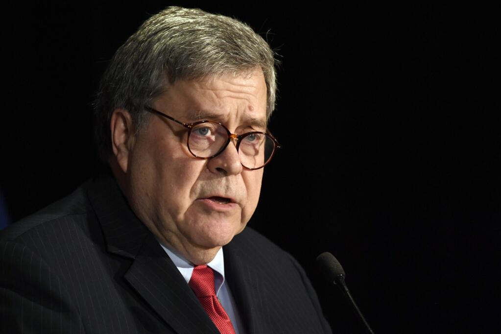 Attorney General William Barr speaks at the National Sheriffs' Association Winter Legislative and Technology Conference in Washington, Monday, Feb. 10, 2020. (AP Photo/Susan Walsh)