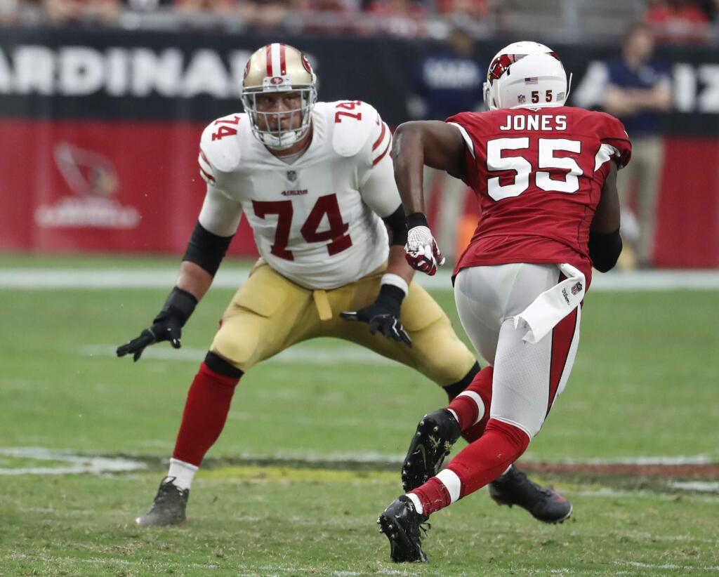 San Francisco 49ers offensive tackle Joe Staley during a game against the Arizona Cardinals, Sunday, Oct. 1, 2017, in Glendale, Ariz. (AP Photo/Rick Scuteri)