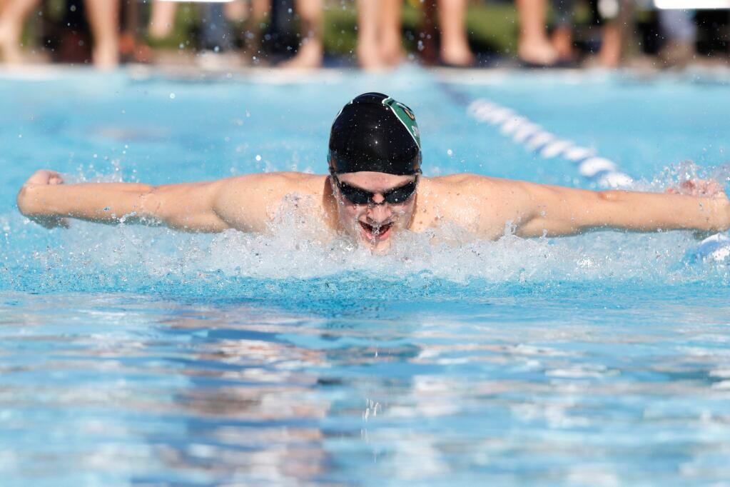 Sonoma's Ethan Smith swims the butterfly in the 200 medley relay during Wednesday's dual meet against Vintage. The boys fell to Vintage, 100-70. (Bill Hoban / Special to the Index-Tribune)