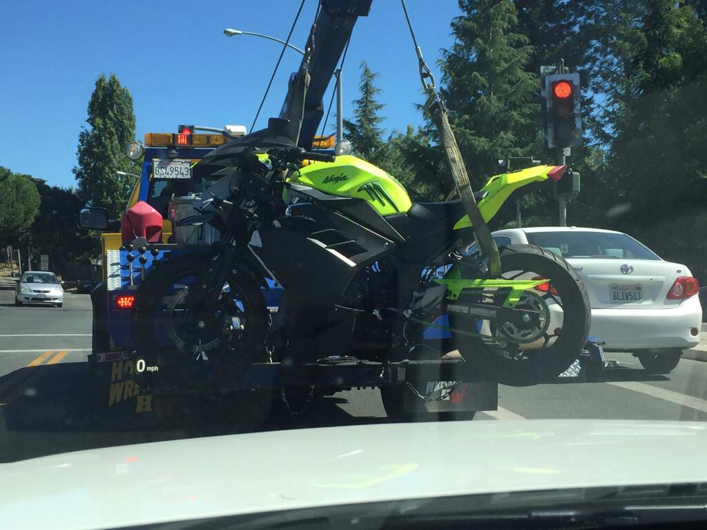 Sebastopol police arrested a man on suspicion of possessing a stolen motorcycle and other charges on Friday, July 22, 2016 after a chase that ended when the motorcycle crashed. ( KEN GIPSON )