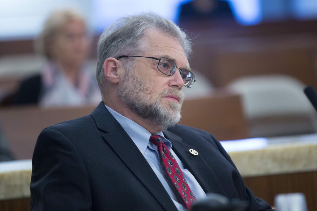 In a Feb. 6, 2017 photo, San Diego Superior Court Judge Gary Kreep goes before the commission on Judicial Performance where he is charged with various violations of the judicial ethics code, in San Diego. Kreep was charged with 29 acts of judicial misconduct by California's Commission on Judicial Performance. The watchdog agency on Thursday, Aug. 17, 2017, issued a 'severe public censure' of Kreep. (Nelvin C. Cepeda/The San Diego Union-Tribune via AP)