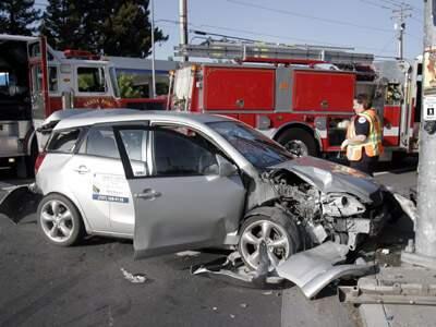 This car came to rest after hitting a light pole at Guerneville and Marlow Roads.