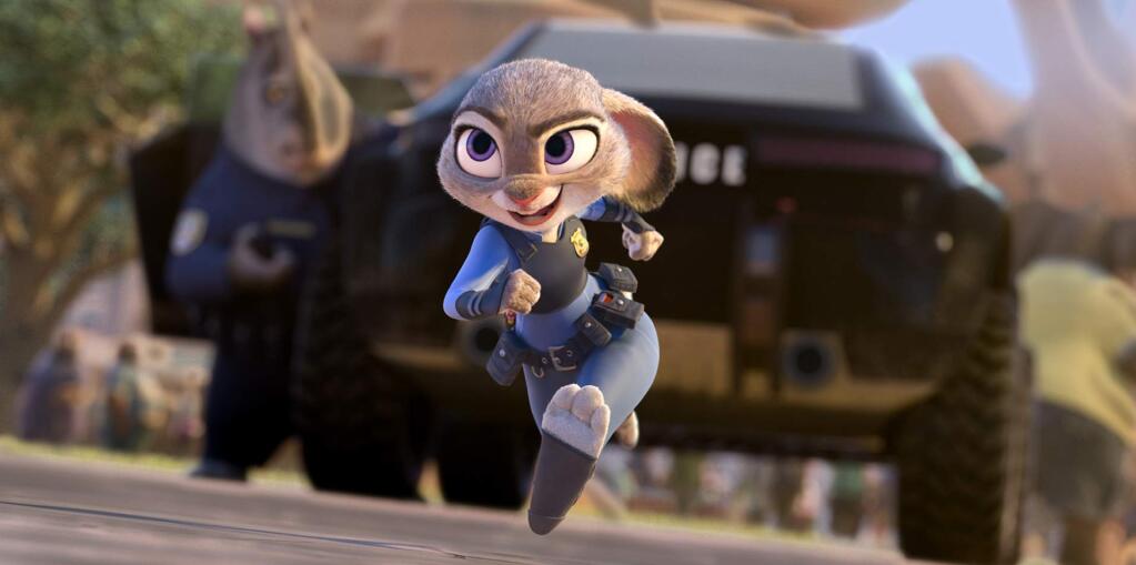 This image released by Disney shows Judy Hopps, voiced by Ginnifer Goodwin, in a scene from the animated film, 'Zootopia.' “Zootopia” won best animated feature and took home a leading six awards at the 44th Annie Awards, setting up the Disney release as the clear favorite at the Oscars, on Feb. 26, 2017. (Disney via AP)