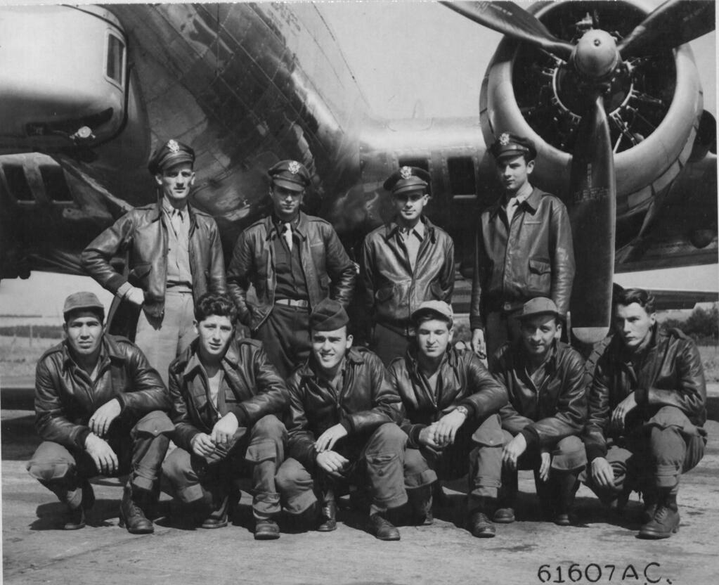 Rohnert Park resident Hertzel Harrison, back row, second from right, and John C. Rhyne, back row, far right, served together in the 303rd Bomb Group on this B-17 crew photographed on Aug 17, 1944. One week later, Rhyne was hit by flak shrapnel on a mission and killed. Photo courtesy of www.303rdBG.com.