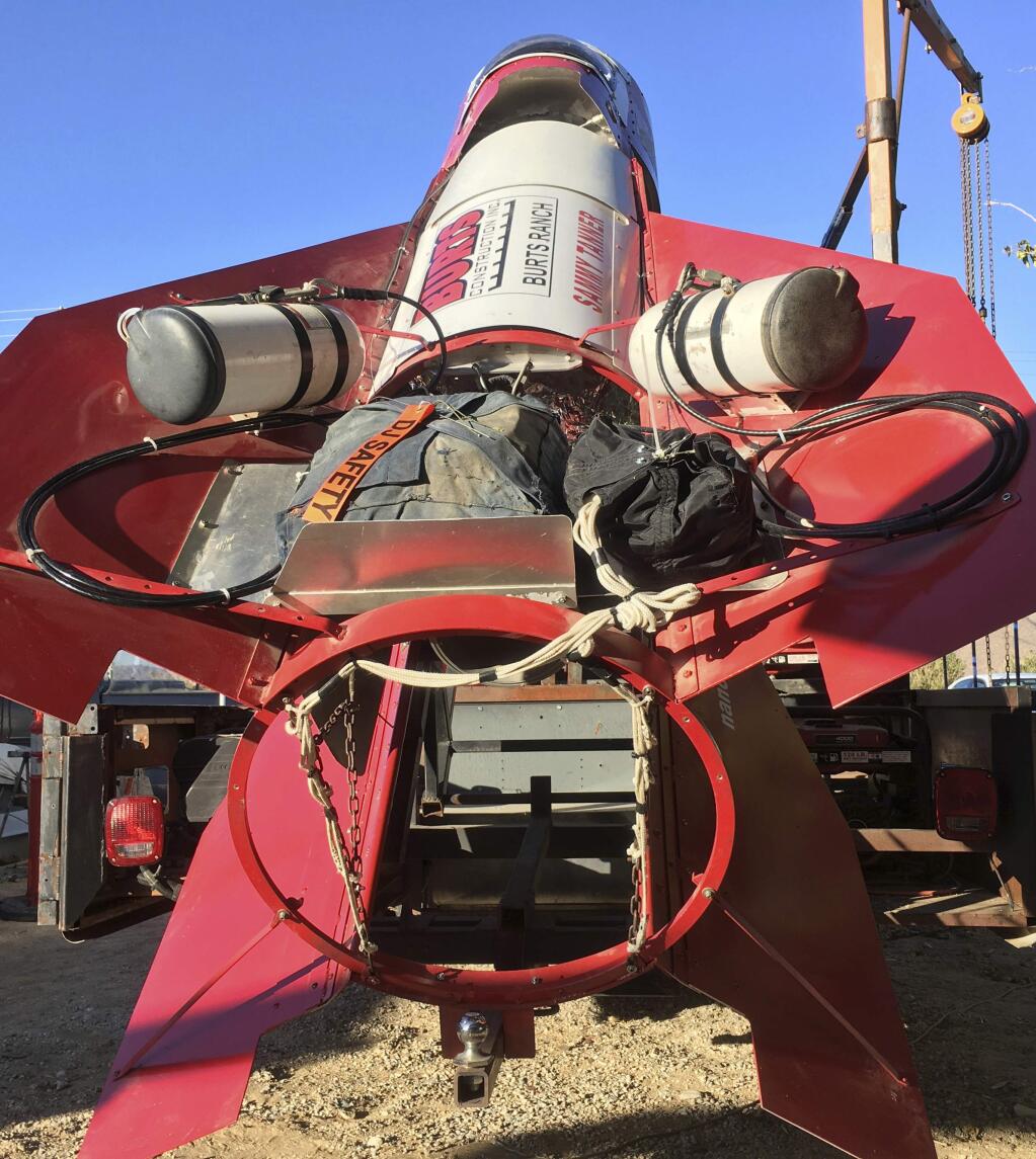 In this Wednesday, Nov. 15, 2017 photograph, the homemade, steam-powered rocket built by daredevil/limosuine drive Mad Mike Hughes is shown on the property the man leases in Apple Valley, Cal. Hughes plans to launch the rocket Saturday over the ghost town of Amboy, Ca., at a speed of roughly 500 miles-per-hour. (Mad Mike Hughes via AP)