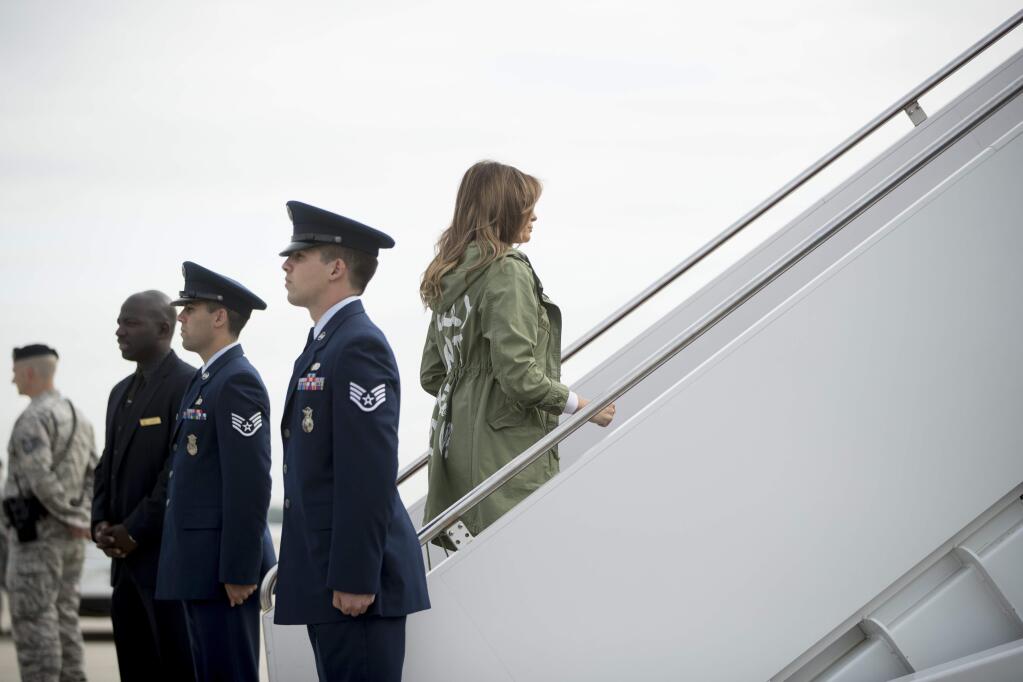 First lady Melania Trump boards a plane at Andrews Air Force Base, Md., Thursday, June 21, 2018, to travel to Texas to visit the U.S.-Mexico border. (AP Photo/Andrew Harnik)