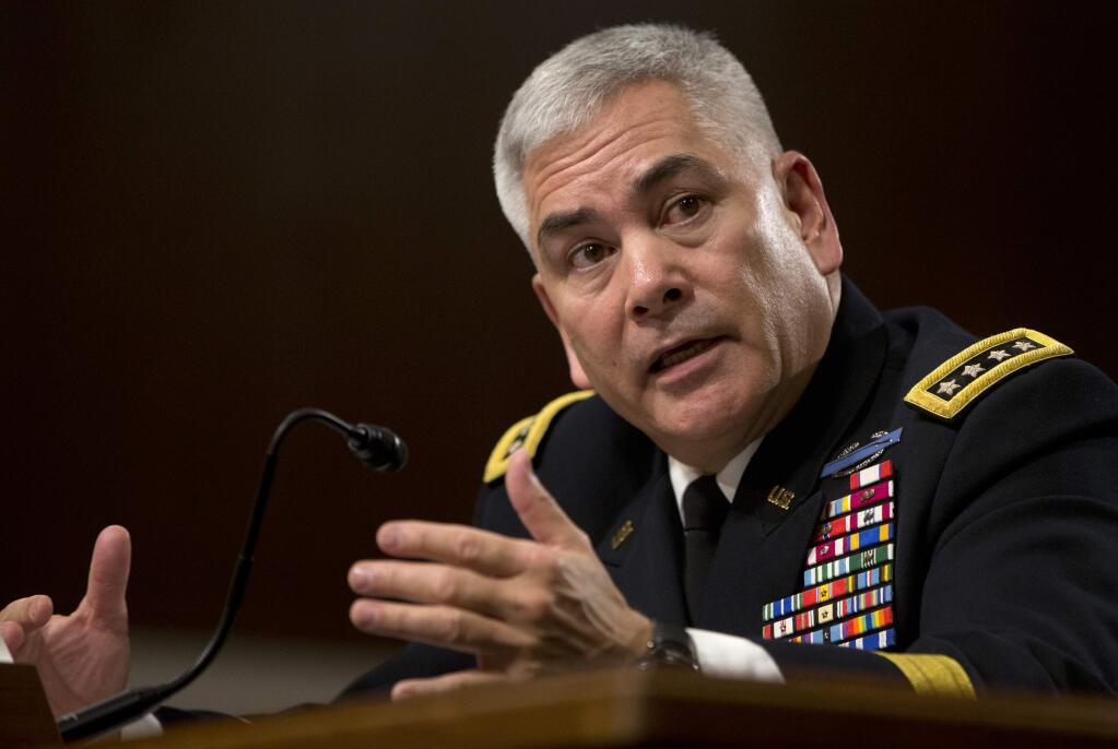 U.S. Forces-Afghanistan Resolute Support Mission Commander Gen. John Campbell testifies on Capitol Hill in Washington, Tuesday, Oct. 6, 2015, before the Senate Armed Services Committee hearing on the Situation in Afghanistan. (AP Photo/Carolyn Kaster)
