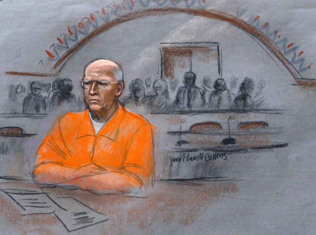 In this courtroom sketch, James 'Whitey' Bulger sits at his sentencing hearing in federal court in Boston, Wednesday, Nov. 13, 2013. Bulger was convicted in August in a broad indictment that included racketeering charges in a string of murders in the 1970s and '80s, as well as extortion, money-laundering and weapons charges. A federal appeals court in Boston is set to hear arguments Monday, July 27, 2015 on Bulgers bid to overturn his racketeering convictions. Bulger will not be present for the proceedings. (Jane Flavell Collins via AP, File)