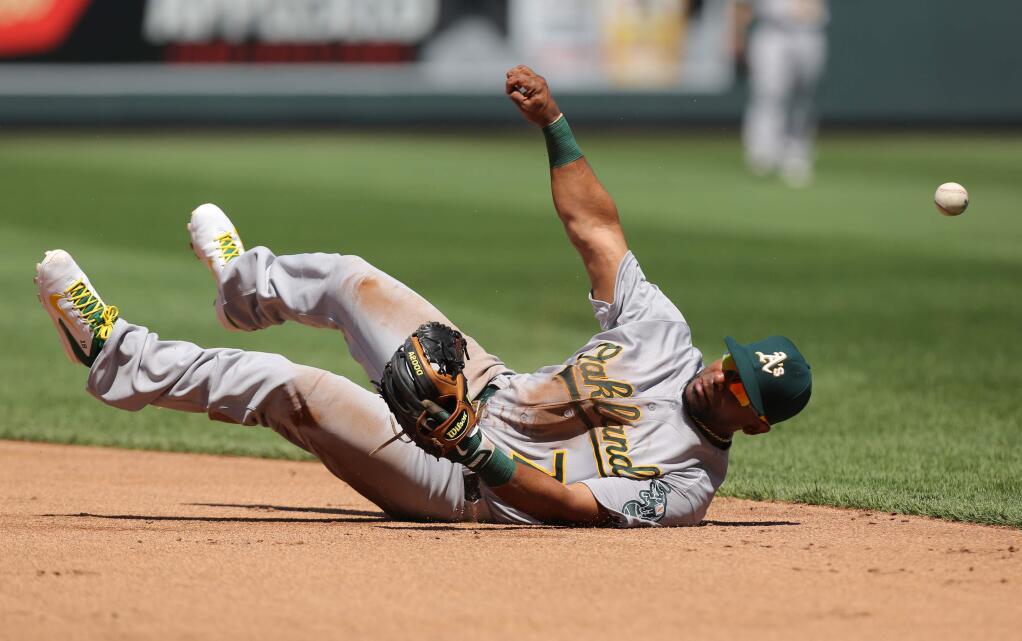Oakland Athletics' Alberto Callaspo loses the grip on the ball as he tries to throw to first to get the out on Kansas City Royals' Christian Colon in the third inning during a baseball game Thursday, Aug. 14, 2014, in Kansas City, Mo. Colon picked up a single and Callaspo was charged with a throwing error on the play. (AP Photo/Ed Zurga)