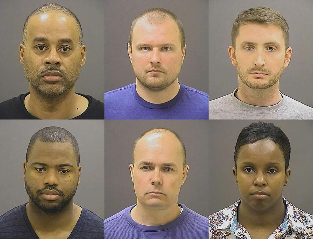 These undated photos provided by the Baltimore Police Department, show Baltimore police officers, top row from left, Caesar R. Goodson Jr., Garrett E. Miller and Edward M. Nero, and bottom row from left, William G. Porter, Brian W. Rice and Alicia D. White, charged with felonies ranging from assault to murder in the police-custody death of Freddie Gray. A grand jury indicted the six officers, State's Attorney Marilyn Mosby said Thursday, May 21, 2015. (Baltimore Police Department via AP, File)
