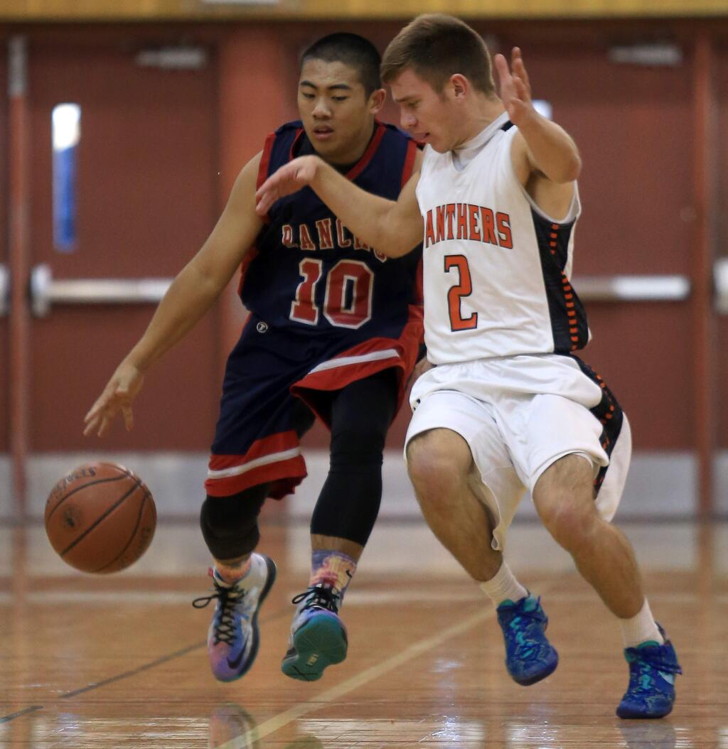 Trevor Weitzenberg of Santa Rosa challenges Alec Wong of Rancho Cotate as Wong brings the ball up the floor during the Annual Sonoma County Classic Basketball Tournament at Piner High school, Tuesday Dec. 30, 2013 in Santa Rosa (Kent Porter / Press Democrat) 2014
