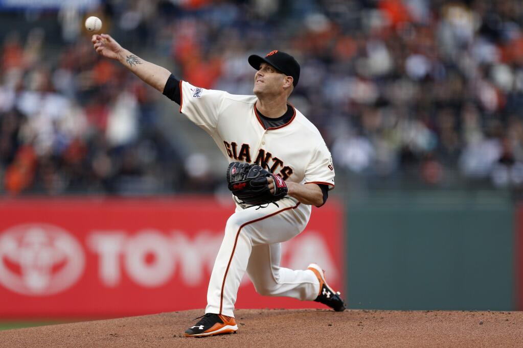 San Francisco Giants pitcher Tim Hudson releases the ball during the first inning of a baseball game against the Los Angeles Dodgers, Tuesday, May 19, 2015, in San Francisco. (AP Photo/Beck Diefenbach)