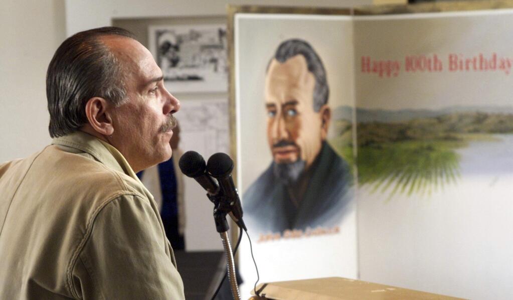 FILE - In this Feb. 27, 2002 file photo, Thomas Steinbeck, son of author John Steinbeck, speaks to a crowd at the National Steinbeck Center in Salinas, Calif., to celebrate what would have been his father's 100th birthday. He died on Aug. 11, 2016 at age 72. Waverly Scott Kaffaga, step-daughter of John Steinbeck, told jurors in federal court Tuesday, Aug. 29, 2017 that film remakes of 'The Grapes of Wrath' and 'East of Eden' fell apart because Thomas his and widow Gail Steinbeck interfered with the projects. She told jurors in Los Angeles federal court that long-running litigation has prevented her from making the most of Steinbeck's copyright. (Richard Green/The Californian, File)