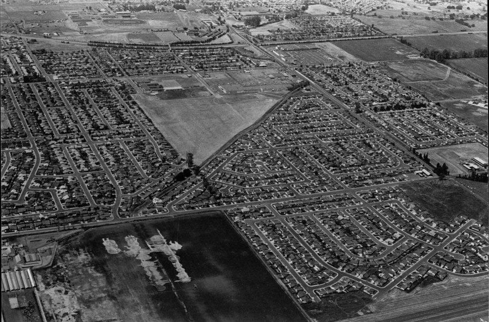 By 1973, the east side of Petaluma was undergoing massive development, as seen in this aerial photo. SONOMA COUNTY LIBRARY