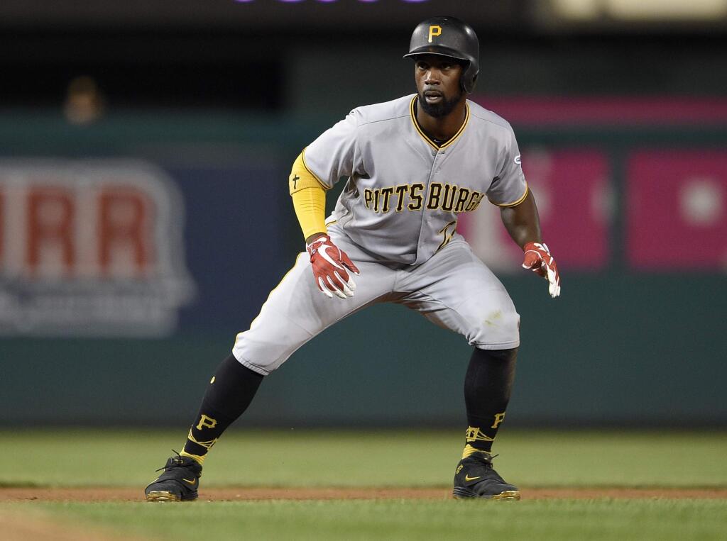 Pittsburgh Pirates' Andrew McCutchen takes a lead during a baseball game against the Washington Nationals, Friday, Sept. 29, 2017, in Washington. The Nationals won 6-1. (AP Photo/Nick Wass)