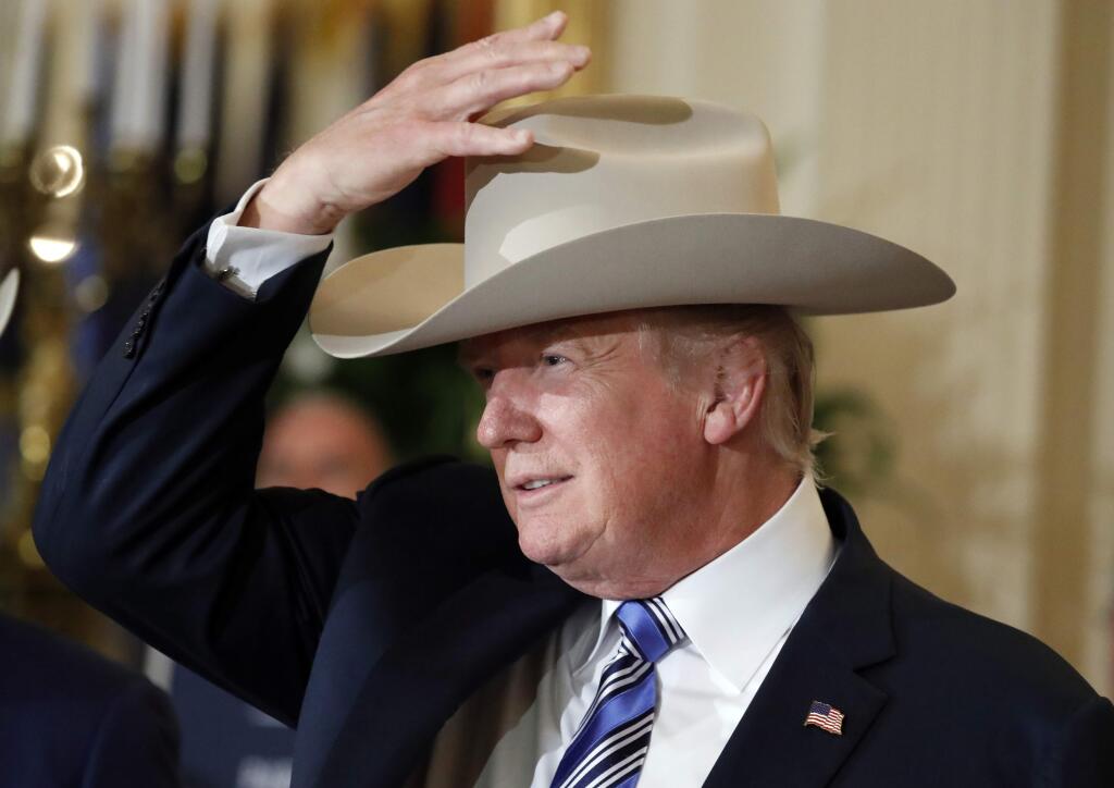 President Donald Trump tries on a Stetson hat during a 'Made in America,' product showcase featuring items created in each of the U.S. 50 states, Monday, July 17, 2017, at the White House in Washington. Stetson is base in Garland, Texas. (AP Photo/Alex Brandon)