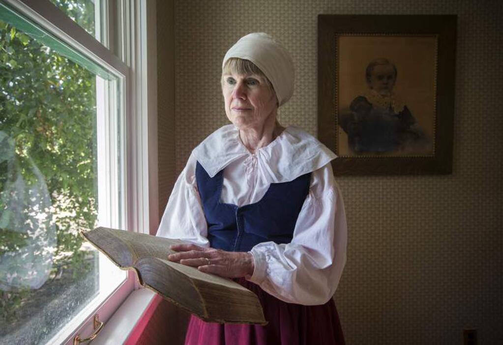 Antoinette Kuhry, author of 'Freedom's Song' in pilgrim costume for the play by the Society of Mayflower Descendants in the State of California. (ROBBI PENGELLY/ INDEX-TRIBUNE) Robbi Pengelly/Index-Tribune