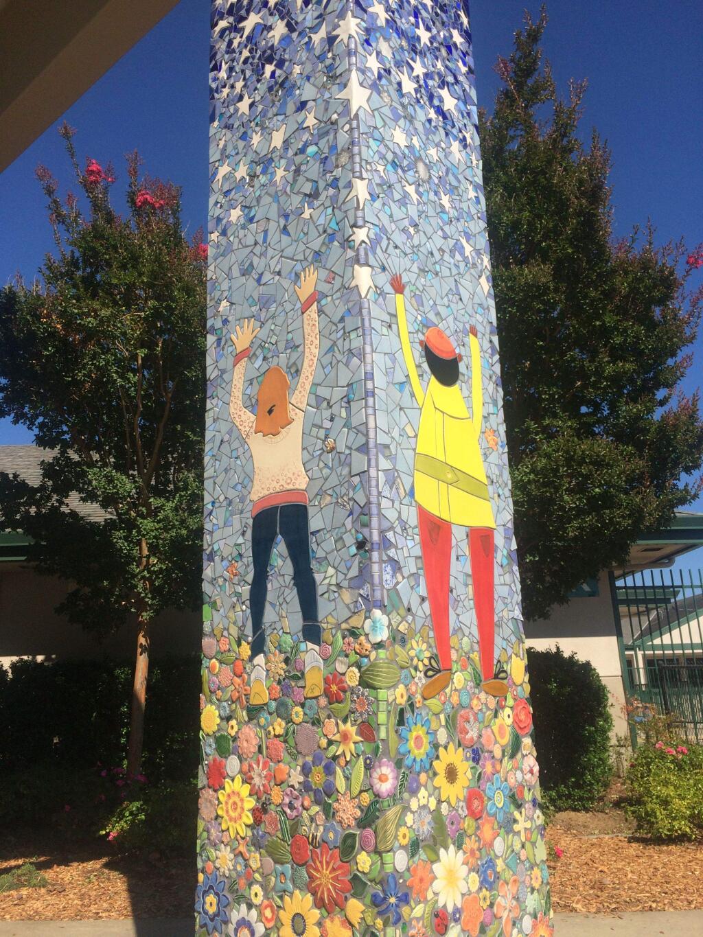 SUBMITTED PHOTOStudents 'Reach for the Stars' in just one of the mosaics created by artist Sueann Bettison Sher.on columns at Sonoma Mountain Charter School. The work will be offically unveiled at ceremonies Friday morning.