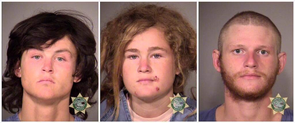 Multnomah County Sheriff's Office photos show the three suspects who were arrested Wednesday, Oct. 7, 2015, in Portland, Ore., in the killing of Steve Carter, a tantra yoga teacher, on a hiking trail in Marin County, Calif. From left are Sean Michael Angold, 24; Lila Scott Allgood, 19; and Morrison Haze Lampley, 23. A hiker found Carter's body on Monday. (Multnomah County Sheriff's Office/Portland police via AP)