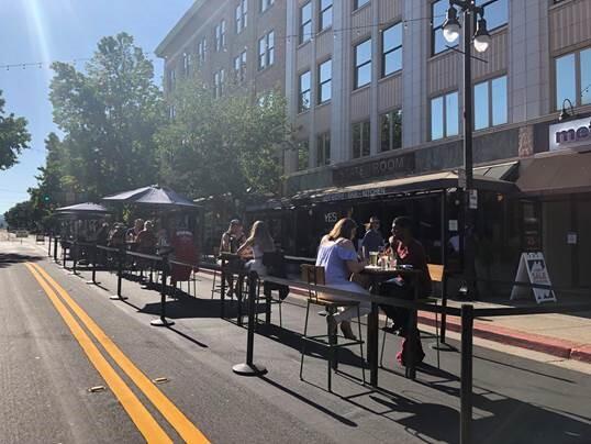 Dozens of restaurants along Fourth Street in downtown San Rafael are participating in the city’s “Dining Under The Lights” program that allows seating in parking spaces on certain days of the week during the coronavirus pandemic. (courtesy of Eda Lochte)