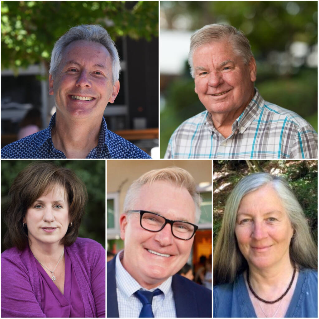 From left (clockwise): Oliver Dick, Dennis Colthurst, Sandra Maurer, Stephen Zollman and Jill McLewis are running for seats on the Sebastopol City Council.