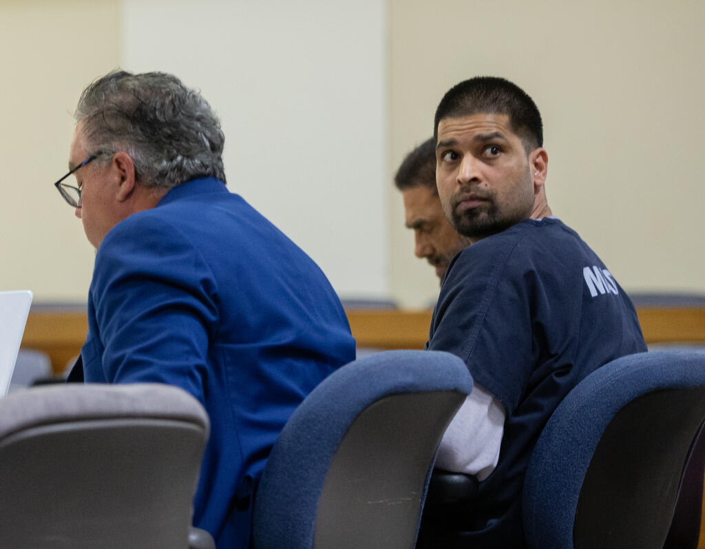 Varinder Singh looks toward Santa Rosa police Officer Julio Del Angel as he takes the stand in Sonoma County Superior Court June 1, 2023, during a preliminary hearing before Hon. Judge Robert LaForge, who will determine whether there’s enough evidence for the 35-year-old defendant to stand trial for Kuljeet Kaur’s murder on April 25, 2022, in a Santa Rosa.  (Chad Surmick / The Press Democrat)