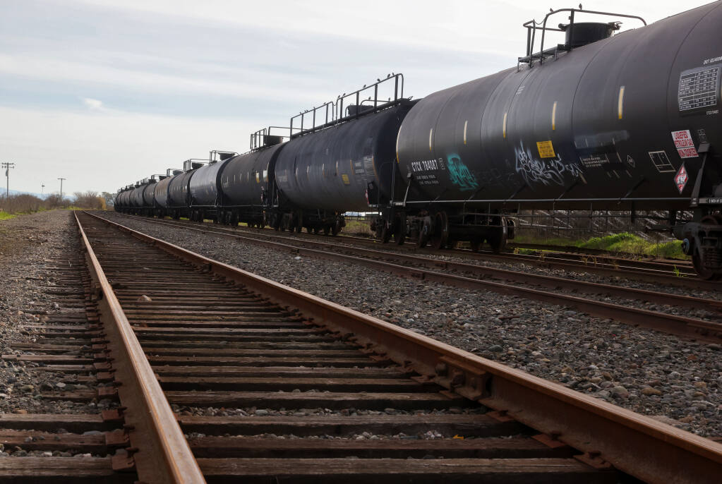 Oil tankers are stored along a rail line south of Highway 12, near 8th Street East, in Schellville on Friday, Jan. 14, 2022. (Christopher Chung/ The Press Democrat)