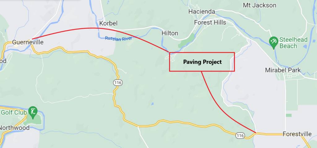 This image shows the boundaries of a Highway 116 patch paving project scheduled to begin Monday. (Caltrans)