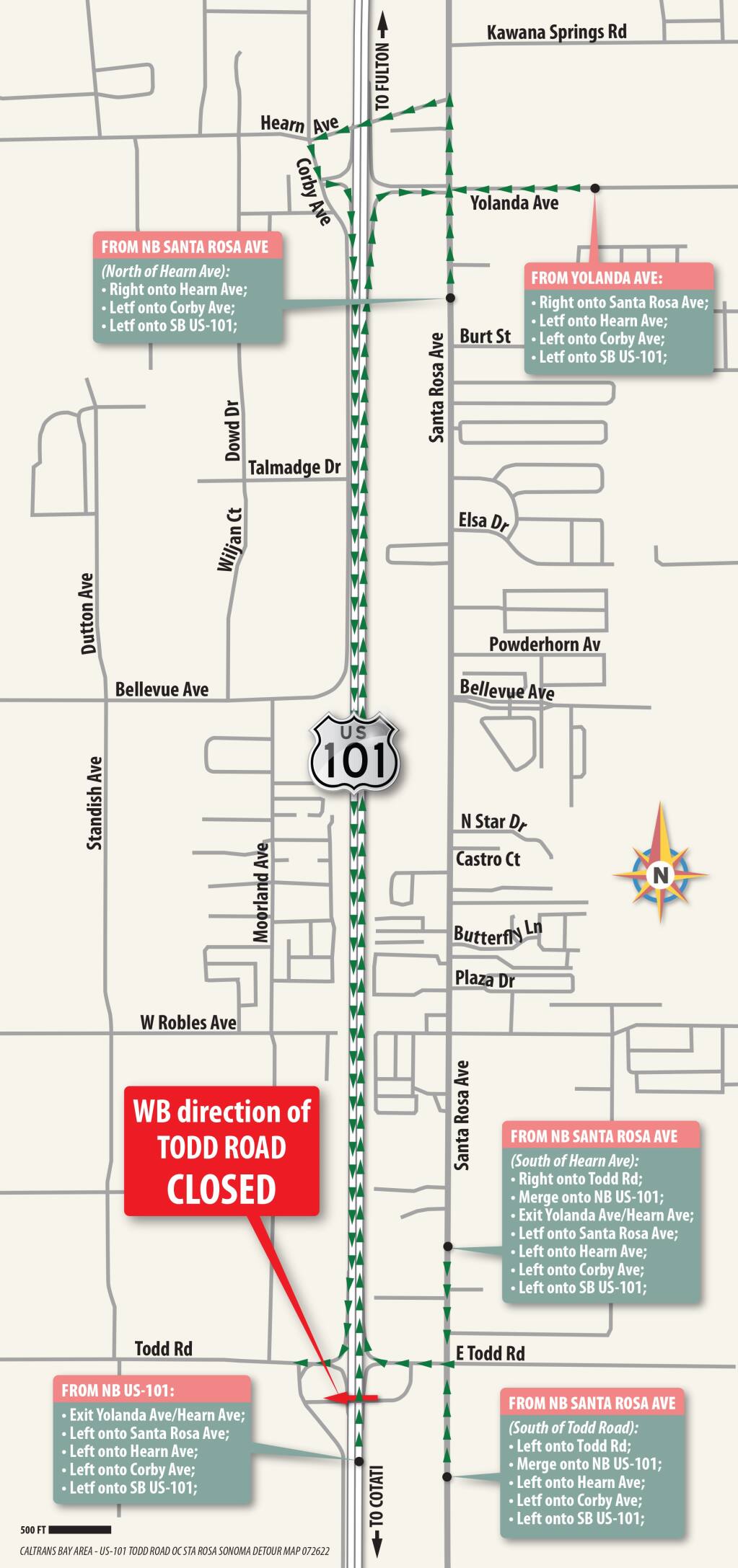 This map shows suggested detours around Todd Road at Highway 101. Repair work begins Monday, Aug. 8, 2022 and westbound traffic will be detoured for nearly two months. (Caltrans)