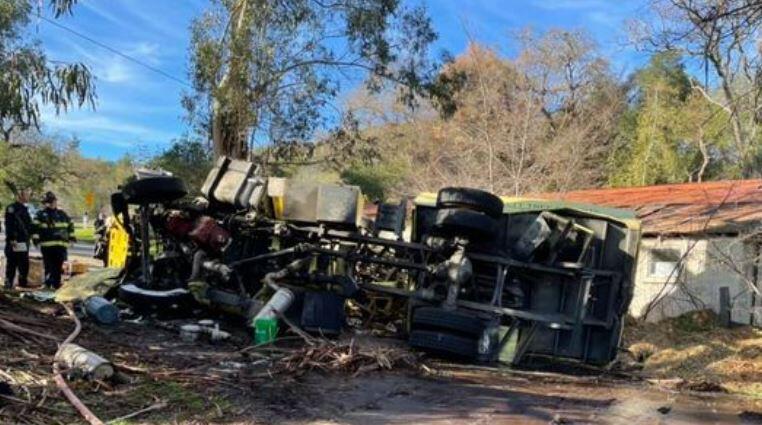 Two people were injured in a crash involving an overturned tree trimming truck that closed part of  Grove Street in Sonoma for several hours on Thursday, Feb. 4, 2021. (Sonoma Valley Fire District / Facebook)