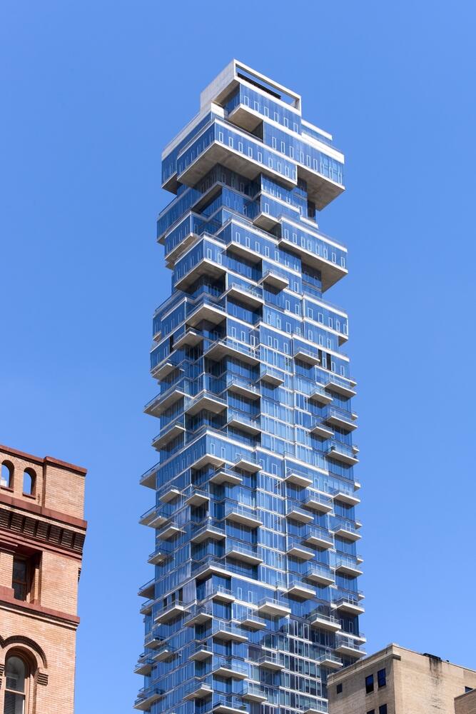56 Leonard  is a distinctive 60-story glass and steel condominium with cantilevered terraces in Tribeca, New York City. (John Penney/Shutterstock)