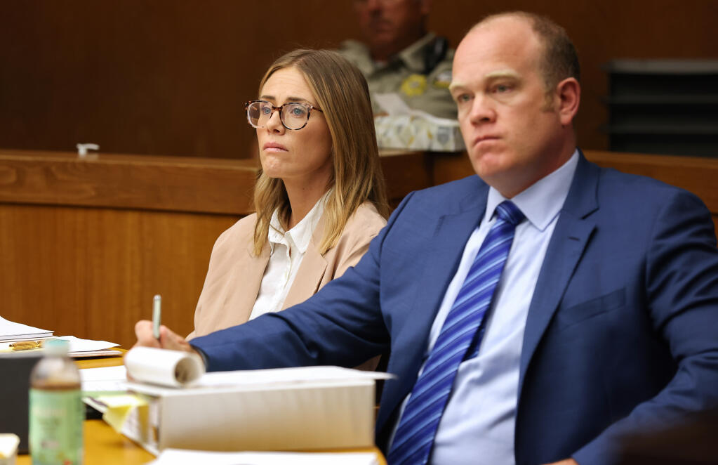 Katie Sorensen, left, and her defense attorney Charles Dresow appear in Sonoma County Superior Court in Santa Rosa on Tuesday, April 18, 2023.  (Christopher Chung/The Press Democrat)