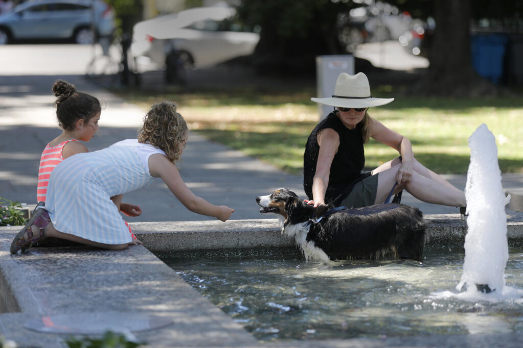 Lyla Ungar, 6, and her sister Ivy, 8, reach to pet Ollie, cooling off in the fountain, joined by dog owner Frances Waddock at the Plaza in Healdsburg, Calif. on Sunday, Sept. 4, 2022. (Beth Schlanker/The Press Democrat)