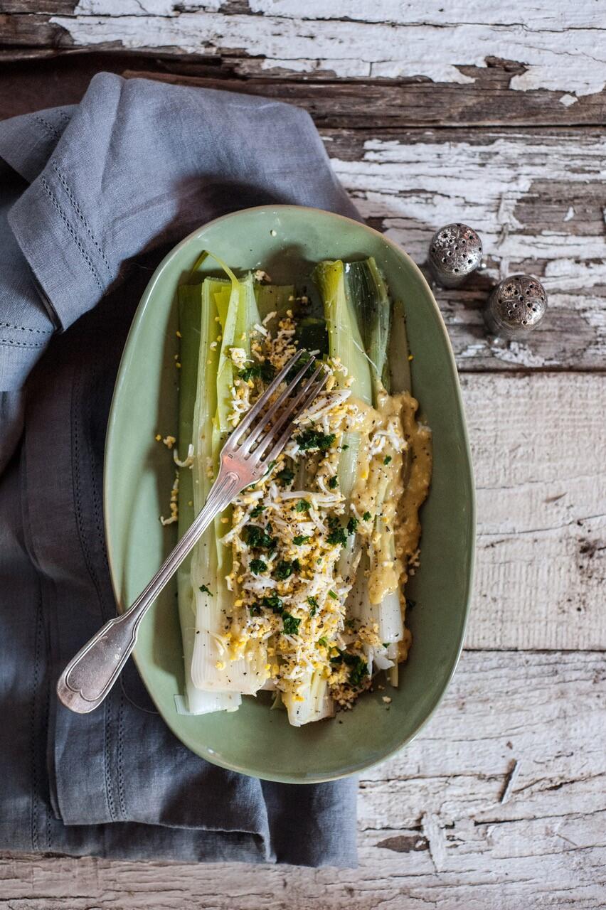 Braised Leeks with Mustard Vinaigrette from “The Good Cook’s Book of Mustard.”  (Liza Gershman)