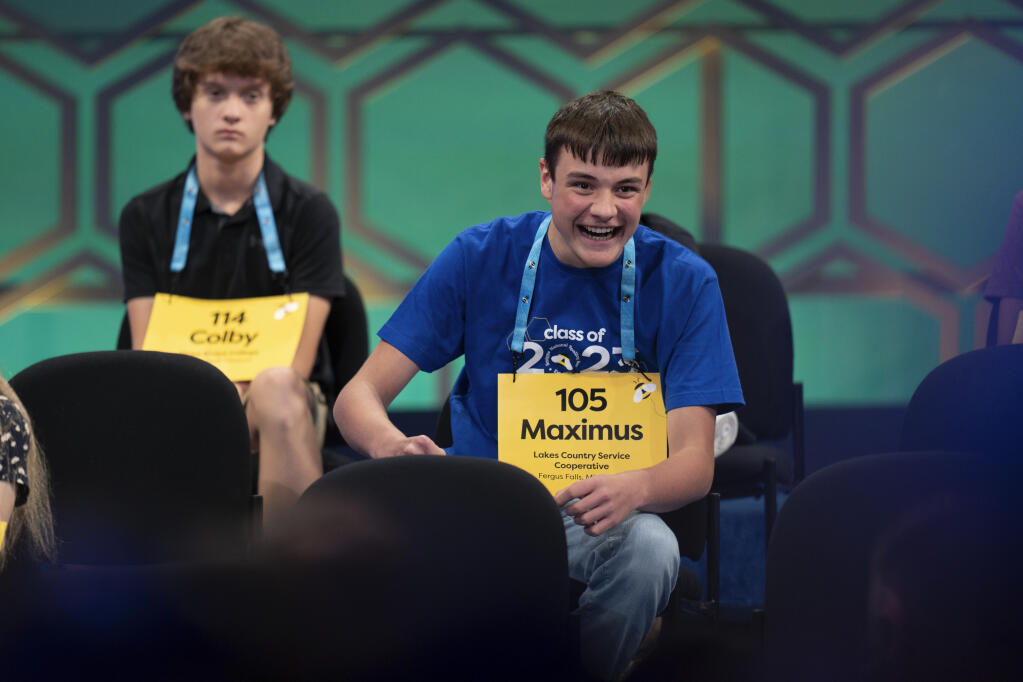 Maximus Katsoulis, 14, from Bemidji, Minn., competes during the Scripps National Spelling Bee, Tuesday, May 30, 2023, in Oxon Hill, Md. (AP Photo/Nathan Howard)